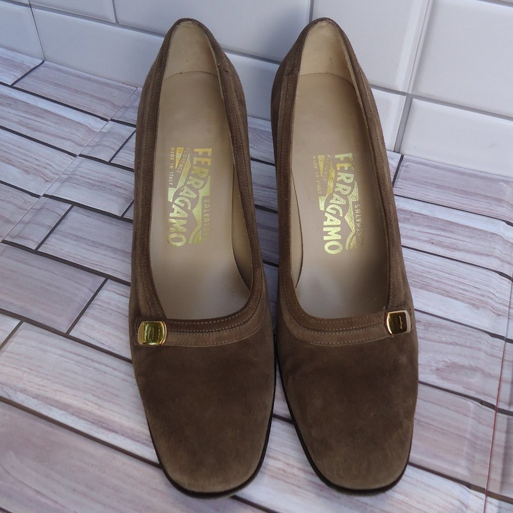 SIZE 6.5 B. Salvatore Ferragamo brown suede leather slip on heels. - Picture 3 of 16